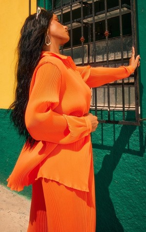 Camasa Pretty Little Thing Bright Plisse Button Front Oversized Portocalii Deschis | FKRG30254
