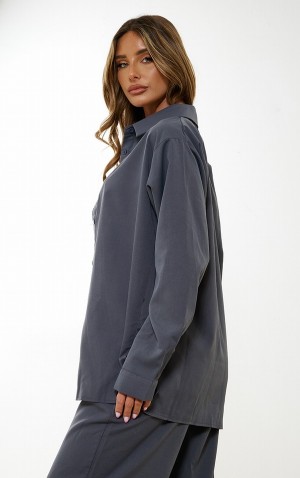 Camasa Pretty Little Thing Charcoal Woven Oversized Button Up Gri | FNYW21960