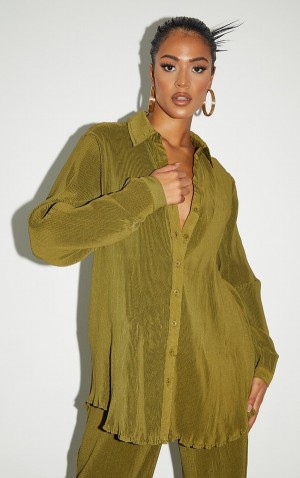 Camasa Pretty Little Thing Cizme Inalte Plisse Oversized Cuff Detail Masline Verzi | CSAP65973