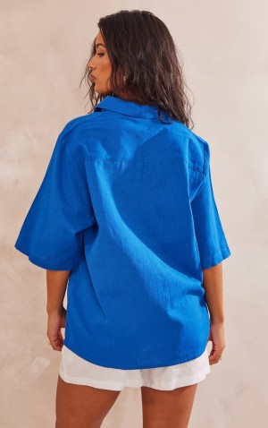 Camasa Pretty Little Thing Cobalt Oversized Linen Feel Sleeve Albastri Inchis | YONF31598
