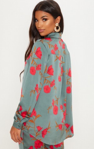 Camasa Pretty Little Thing Floral Print Oversized Verzi | SKWG38769