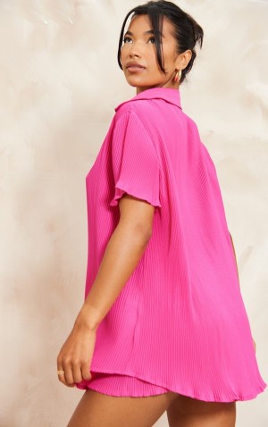 Camasa Pretty Little Thing Hot Plisse Button Front Oversized Sleeve Roz | CTNF98150