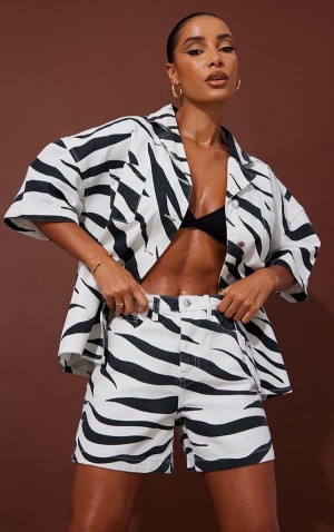 Camasa Pretty Little Thing Monochrome Zebra Print Oversized Albi Negrii | LSON01965