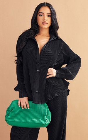 Camasa Pretty Little Thing Petite Plisse Oversized Cuff Detail Negrii | QDTR29015
