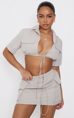 Camasa Pretty Little Thing Petite Stone Tie Front Cropped Gri | YRNA75980