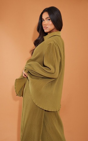 Camasa Pretty Little Thing Plisse Button Front Oversized Kaki | RUCN58247