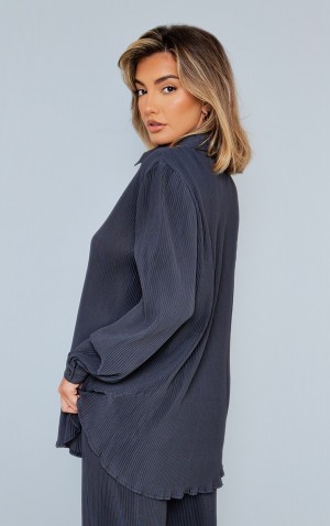 Camasa Pretty Little Thing Plisse Button Front Oversized Gri Inchis | WEXP19783