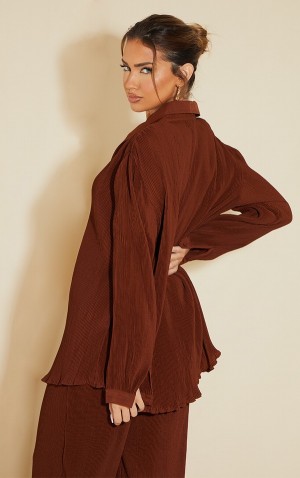 Camasa Pretty Little Thing Plisse Button Front Oversized Ciocolata Maro | VQWX53268