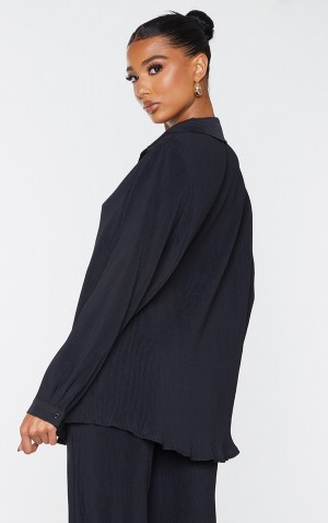 Camasa Pretty Little Thing Plisse Button Front Oversized Negrii | XQTK08693