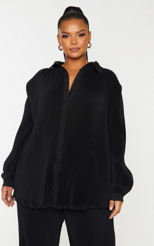 Camasa Pretty Little Thing Plus Black Plisse Button Front Oversized Negrii | LEVQ90375