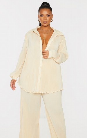 Camasa Pretty Little Thing Plus Cream Plisse Button Front Oversized Albi | APDI51073