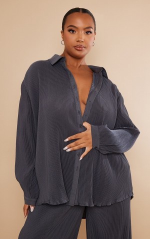 Camasa Pretty Little Thing Plus Charcoal Plisse Button Front Oversized Gri | QMEL89152