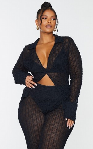 Camasa Pretty Little Thing Plus Mesh Button Front Negrii | BOTQ28936