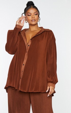 Camasa Pretty Little Thing Plus Plisse Button Front Oversized Ciocolata | GFUB27480