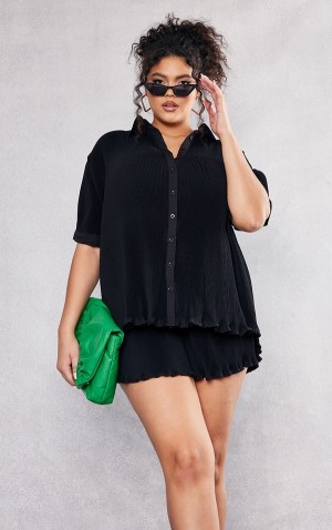 Camasa Pretty Little Thing Plus Plisse Sleeve Negrii | GWEC41630