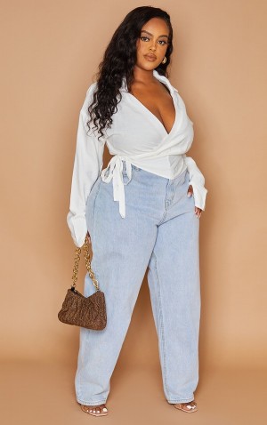 Camasa Pretty Little Thing Plus Wrap Front Long Sleeve Albi | ZUAD81492