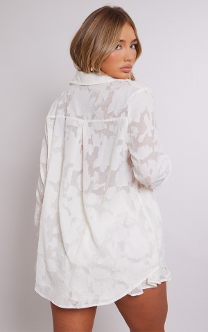 Camasa Pretty Little Thing Sheer Floral TextuLong Sleeve Oversized Albi | YPWQ72534