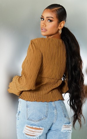 Camasa Pretty Little Thing Sheer Plisse Tie Front Flute Sleeve Blouse Ciocolata | JVSH67243