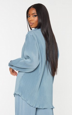 Camasa Pretty Little Thing Steel Plisse Button Front Oversized Gri Albastri | MLFP72638