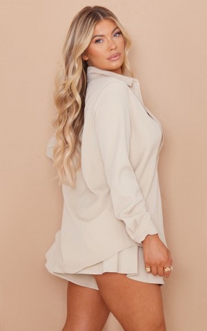 Camasa Pretty Little Thing Stone Long Sleeve Oversized Gri | RBGZ83052