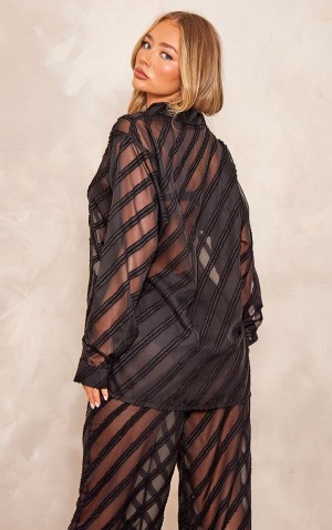 Camasa Pretty Little Thing TextuChiffon Oversized Button Up Negrii | IEUR10548