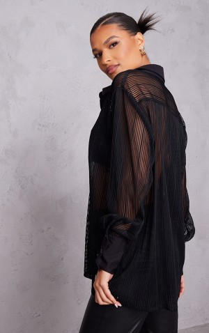 Camasa Pretty Little Thing TextuChiffonlette Detail Oversized Negrii | BPZA64907