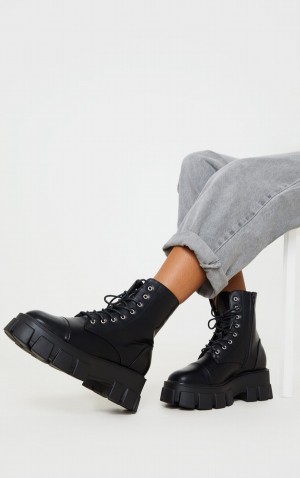 Cizme Pretty Little Thing Dantela Up Extreme Cleated Sole Combat Negrii | LZMD39825