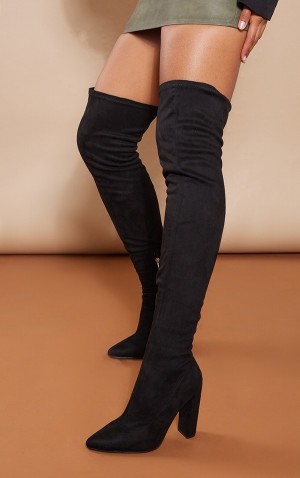 Cizme Pretty Little Thing Faux Piele Intoarsa Rounded Point Bombeu Over The Kneeed Negrii | CAJG54309