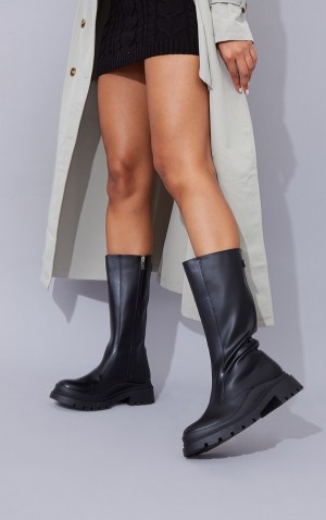Cizme Pretty Little Thing PU Calf High Zip Back Grosolan Negrii | YHSA98530
