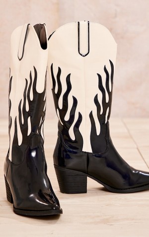Cizme Pretty Little Thing PU Contrast Flame Western Knee High Negrii | PDMY14206