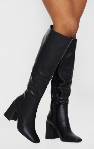 Cizme Pretty Little Thing PU Flare Block Square Bombeu Over Knee Negrii | GBKO27390