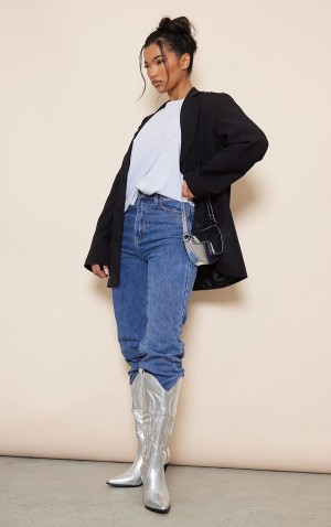 Cizme Pretty Little Thing PU Point Bombeu Knee High Western Argintii | AYGP75013