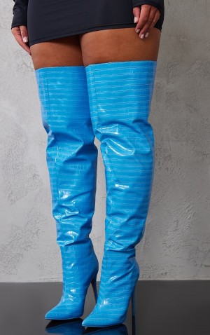 Cizme Pretty Little Thing Pu Croc Point Bombeu Thick Thigh Highed Albastri | JSPF76840