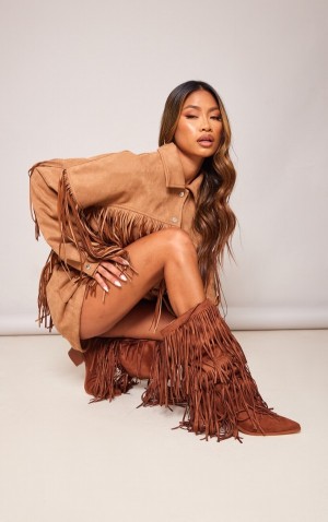 Cizme Pretty Little Thing Tan Faux Piele Intoarsa Fringe Western Block Knee Maro | ZJNI45916