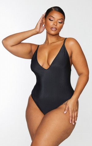 Costume De Baie Pretty Little Thing Plus Basic Low Scoop Negrii | HAQF35206