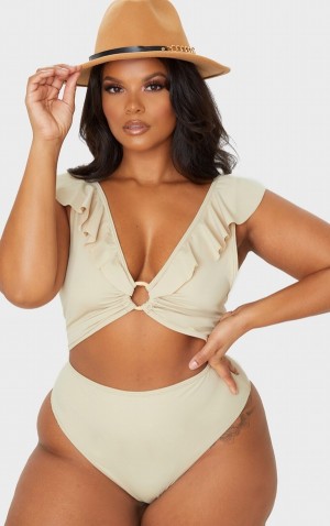 Costume De Baie Pretty Little Thing Plus Stone Frill Edge Detail Cutout Gri | VJYI89432