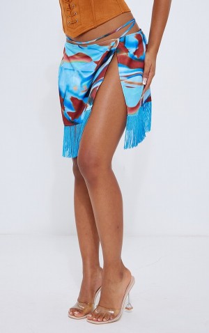 Fuste Pretty Little Thing Abstract Printed Tassel Hem Wrap Albastri | OHCT15846