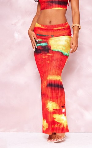 Fuste Pretty Little Thing Abstract Print Plisse Maxi Rosii | DBAN72138