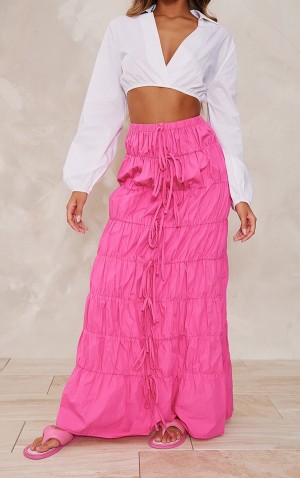 Fuste Pretty Little Thing Bright Bumbac Tie Front Extreme Ruched Maxi Roz Deschis | DTAZ57839