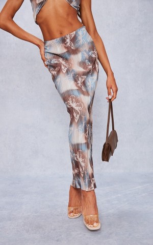 Fuste Pretty Little Thing Butterfly Print Plisse Low Rise Midaxi Maro | ZPJS37642
