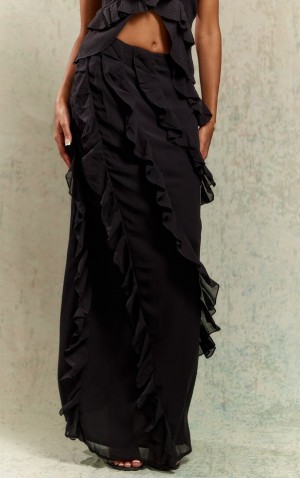 Fuste Pretty Little Thing Chiffon Ruffle Detail Maxi Negrii | MOJD72869