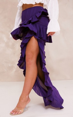 Fuste Pretty Little Thing Frill Detail Split Thigh Maxi Violet | RLKW87630