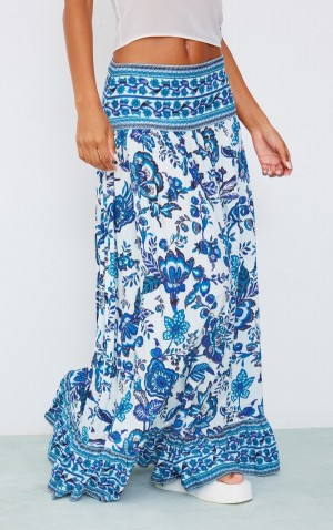Fuste Pretty Little Thing Mosaic Printed Bumbac Maxi Albastri | HKLZ40865