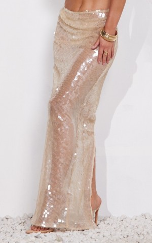 Fuste Pretty Little Thing Nude Sheer Sequin High Talie Maxi Bej Deschis | BDRH70419