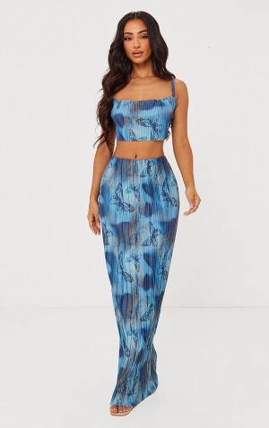 Fuste Pretty Little Thing Petite Butterfly Print Plisse Maxi Albastri | OBNE28693