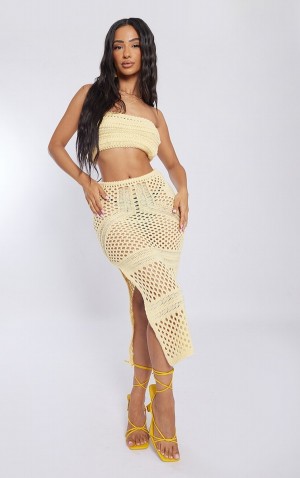 Fuste Pretty Little Thing Petite Lemon Crochet Tricotate Midaxi Lămâie | ZUGA59820