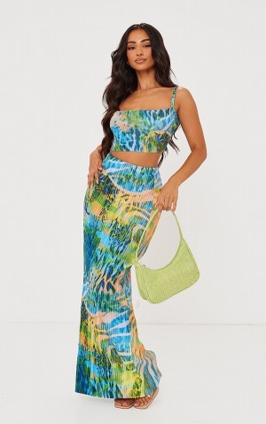 Fuste Pretty Little Thing Petite Multi Abstract Animal Print Plisse Maxi Colorati | DNVE31968