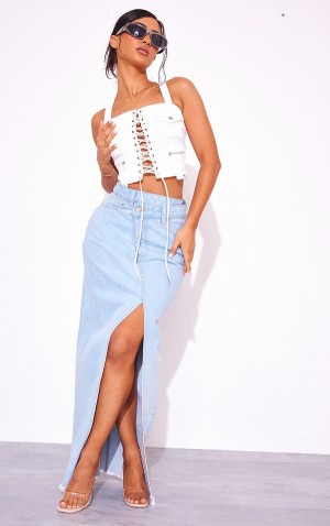 Fuste Pretty Little Thing Petite Wash Asymmetric Talie Midaxi Albastri Deschis Albastru Deschis | FHYW80613