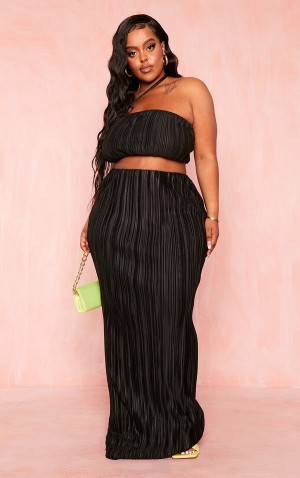 Fuste Pretty Little Thing Plus High Waisted Plisse Maxi Negrii | JOKL56037