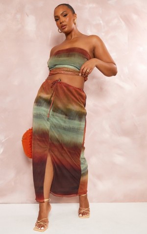 Fuste Pretty Little Thing Plus Ombre Printed Ruched Maxi Portocalii | GLVN37582